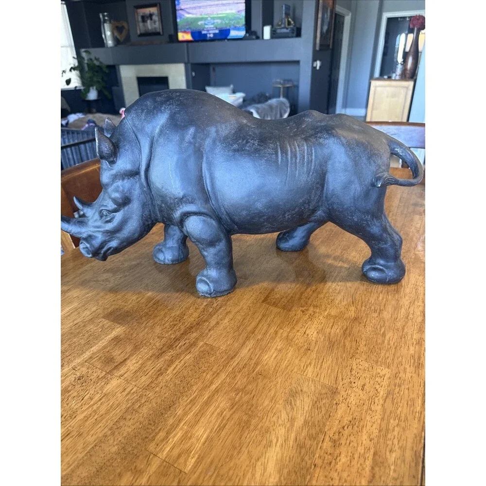 Large Black Rhinoceros Statue Figurine Distressed Safari Animal Home Décor